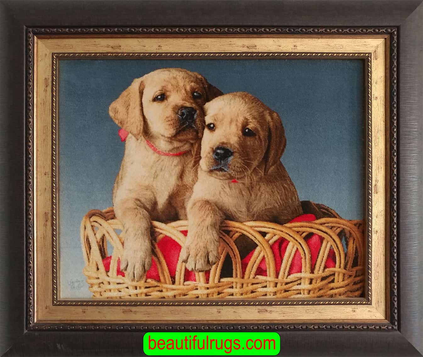 Pictorial Rugs, A Cute Handmade Persian Pictorial Rug For Dog Lovers, two dogs are sitting in a basket. The rug is framed. Size 2x1.8