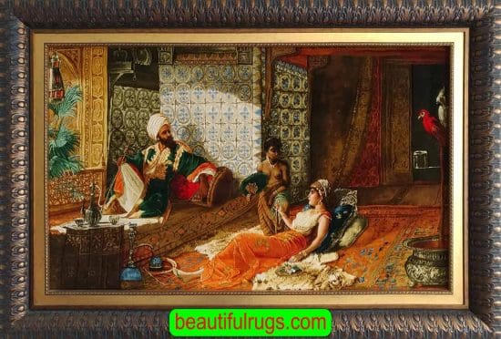 Handmade Persian Tabriz wall rug hanging showing the king is entertaining his mistress in the presence of the maid. Size 4x2.5