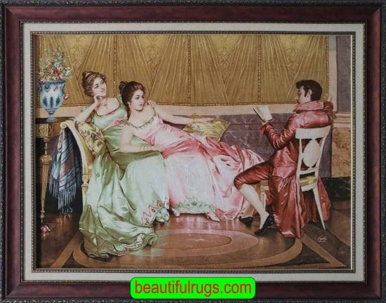 Persian wall hanging rug, depicting charming storyteller entreating two ladies by reading love story book for them. Size is 3.9x2.9 ant it is unframed.