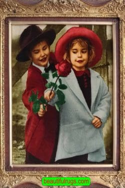 Persian pictorial rug. Handmade Persian wall hanging rug, a young boy with a red jacket is handing a red rose to a young girl. Size 1.8x2.5