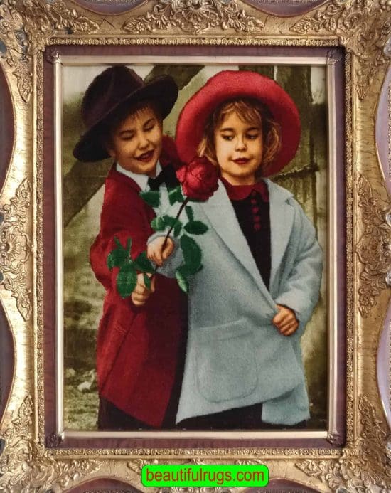 The first sweet date, handmade Persian wall hanging rug, a young boy with a red jacket is handing a red rose to a young girl. Size 1.8x2.5