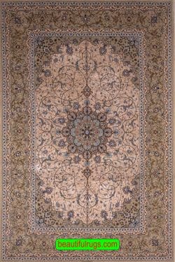 Handmade Persian rug. Silk and wool Isfahan rug in champagne and olive green colors. Size 6.7x10.5.