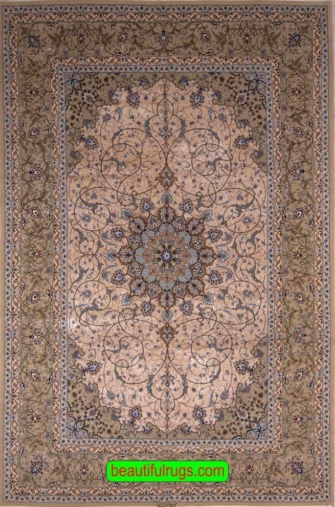 Persian Isfahan Silk Rug, Eslimi Design Rug, Champagne Color Field