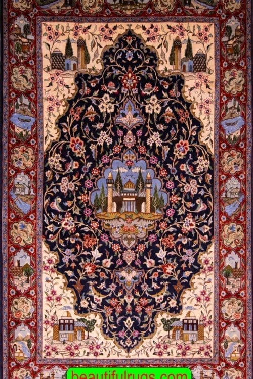 Handmade Persian Qum carpet with flowers and buildings. Size 5x8