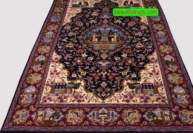 Handmade Persian Qum carpet with flowers and buildings. Size 5x8
