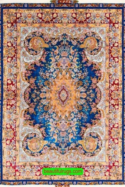 5x7 Rug, Handmade Persian Tabriz Silk Rug, Royal Blue Color Rug