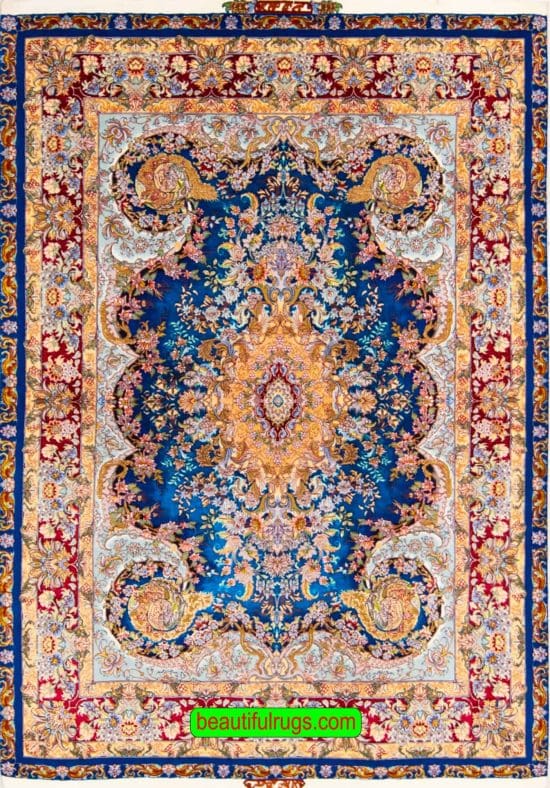 5x7 Rug, Handmade Persian Tabriz Silk Rug, Royal Blue Color Rug