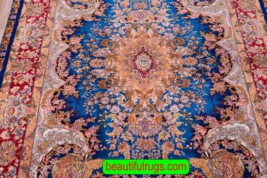 5x7 Rug, Handmade Persian Tabriz Silk Rug, Royal Blue Color Rug