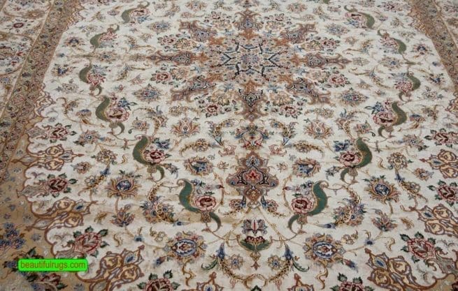 Silk Rug, Hand knotted Persian Isfahan Silk Rug, Living Room Rug, size 8.3x12, close up image