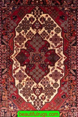 Persian tribal rug, old Persian Hamadan Rug in red and beige colors. Size 4.7x6.8.