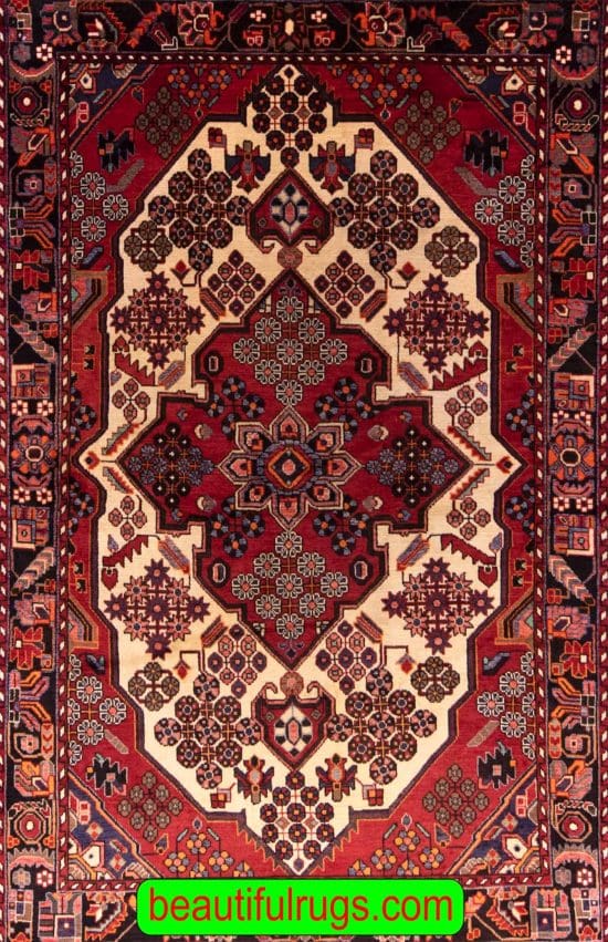 Persian tribal rug, old Persian Hamadan Rug in red and beige colors. Size 4.7x6.8.