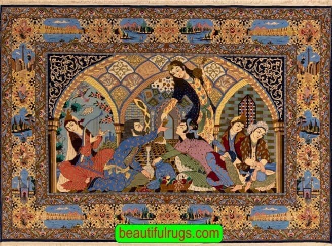 Poetic Gathering Rug, Handmade Persian Isfahan Vertical Pictorial Rug