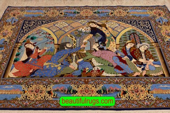 Poetic Gathering Rug, Handmade Persian Isfahan Vertical Pictorial Rug, size 7.3x5.3, close up image