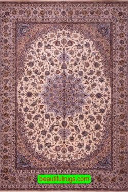 Fine Persian Isfahan Silk Rug, Cream and Earth Tone Color Rug. Size 8.8x11.4