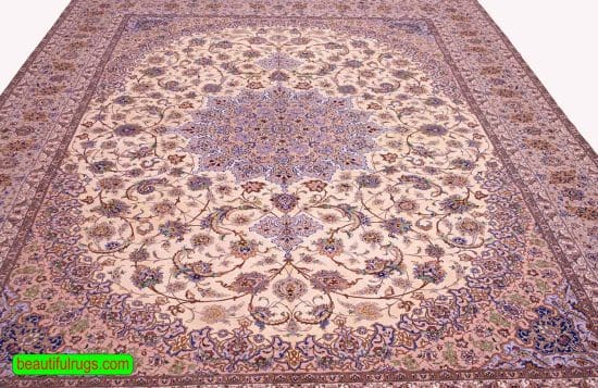 Fine Persian Isfahan Silk Rug, Cream and Earth Tone Color Rug. Size 8.8x11.4