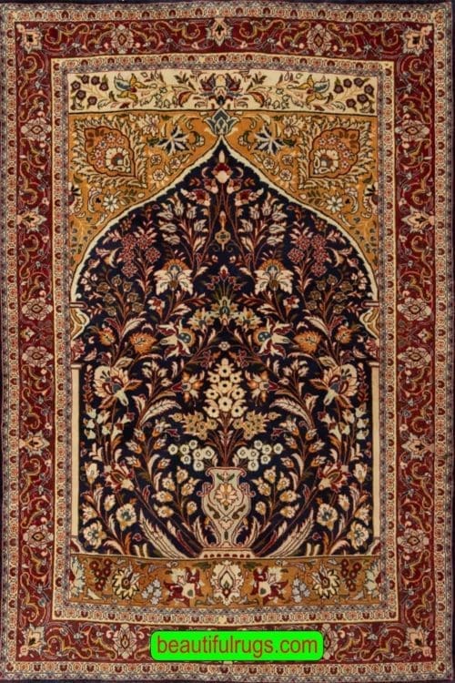 Vintage Persian Sarouk prayer rug in navy blue color. Size 3.7x4.10
