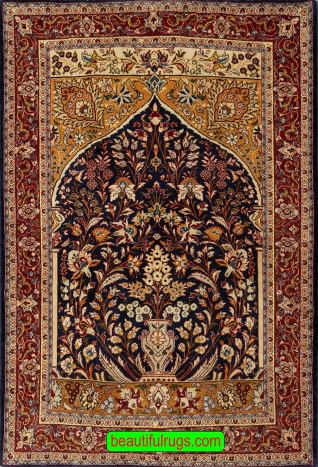 Vintage Persian Sarouk prayer rug in navy blue color. Size 3.7x4.10