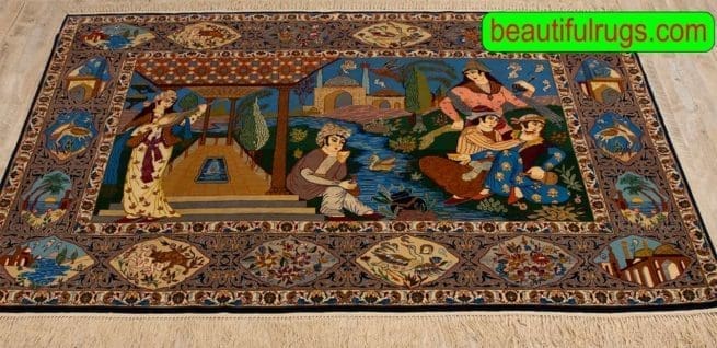 Handmade Pictorial Rug, Vertical Pictorial Persian Isfahan Rug, size, 6x3.10, close up image