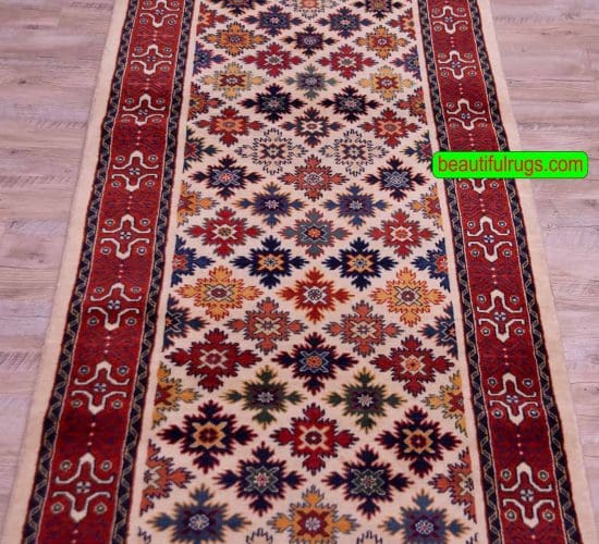 Vegetable dye Persian Qashqai runner rug, beige and rustic red color. Size 2.6x12.6