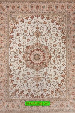 Ivory Persian rug, natural Dyed Rug, Handmade Persian Isfahan Rug, Kurk Wool & Silk Rug. Size 10.2x13.3.