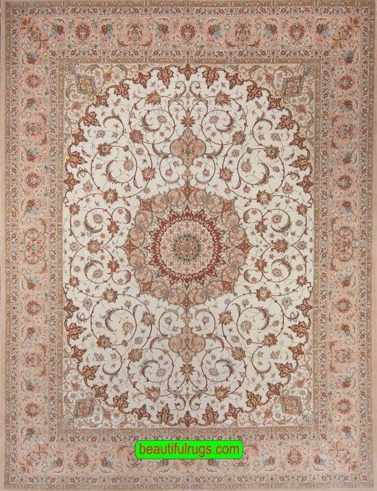 Ivory Persian rug, natural Dyed Rug, Handmade Persian Isfahan Rug, Kurk Wool & Silk Rug. Size 10.2x13.3.