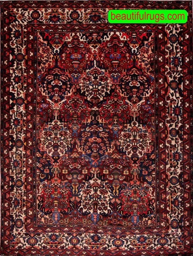 Large vintage Persian Bakhtiari rugs with red color. Size 10.5x13.1