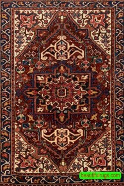 Iranian rug, small Persian Heriz rug with red and navy blue colors in geometric pattern. Size 3.2x5.