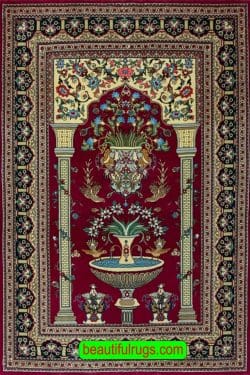 Prayer rug handmade Persian Qum rug in maroon red color made of fine kork wool. Size 3.5x5.