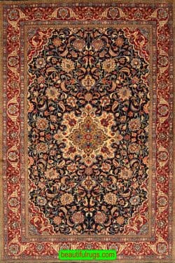 Old Persian rug, floral Persian Sarouk rug with navy blue and red color. Size 4.10x7.6