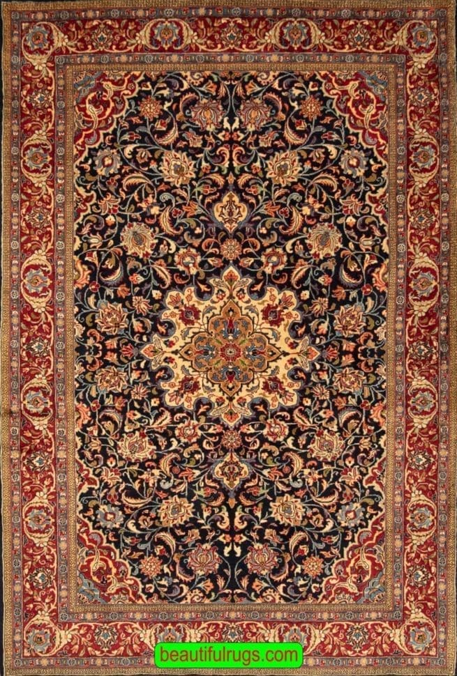 Handmade Rug, Old Persian Sarouk Rug with Navy Blue Color