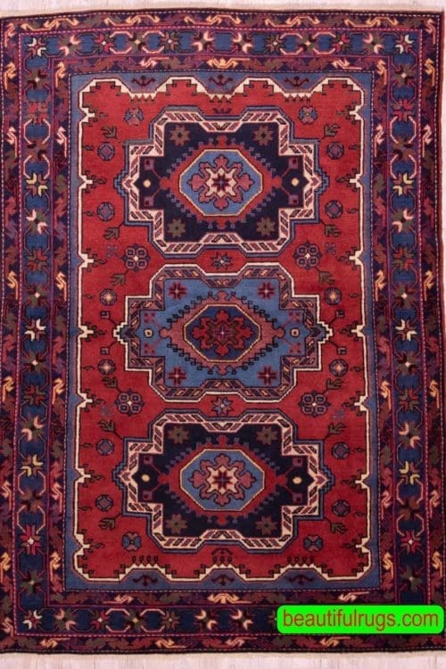 Colorful geometric style Russian rug with red and navy blue. Size 4.6x6