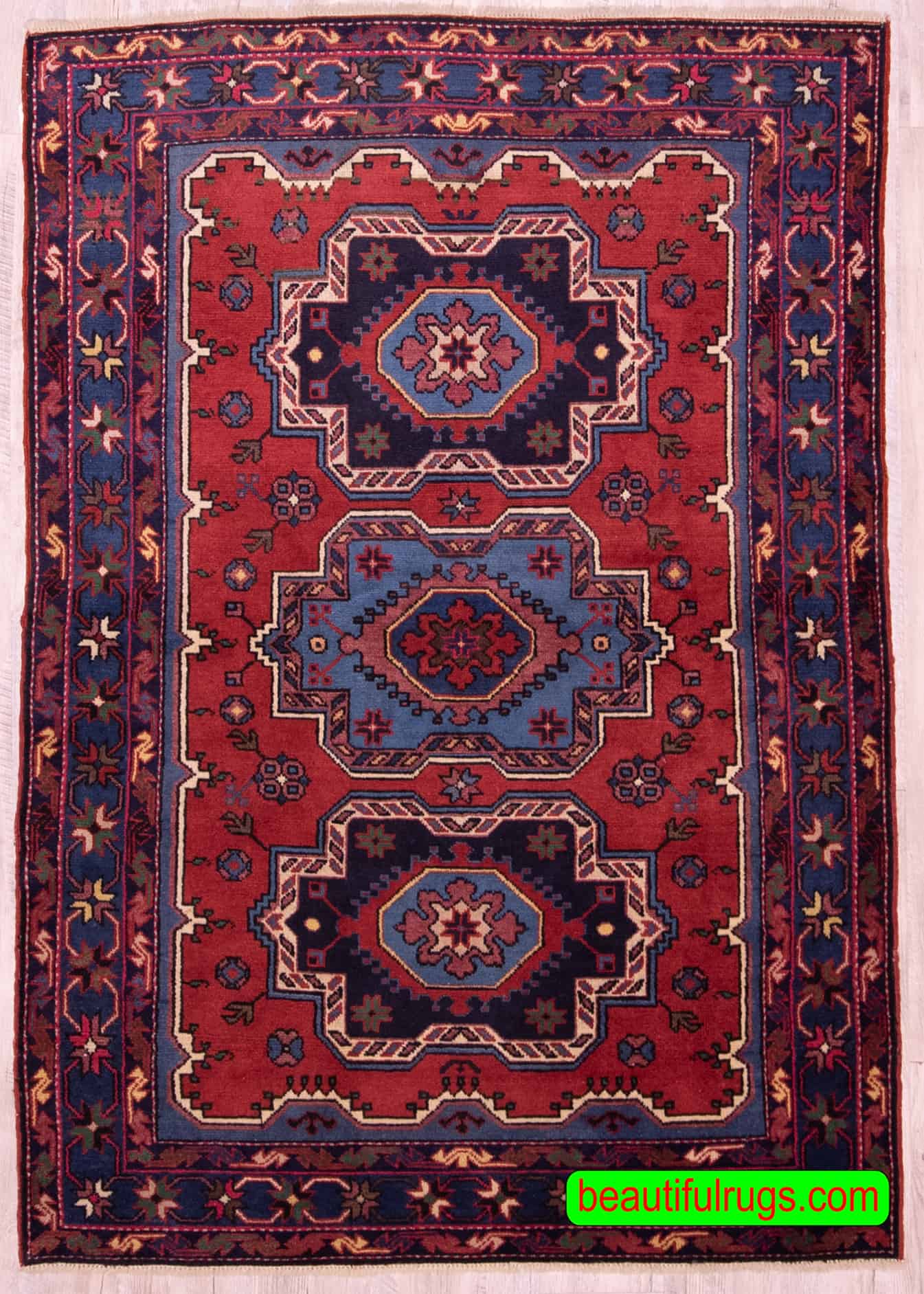 Colorful geometric style Russian rug with red and navy blue. Size 4.6x6