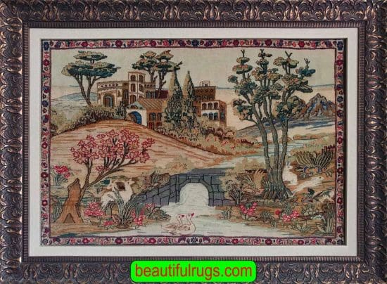 Wall-Hanging Rug, Antique Persian Kashan Scenery Rug in a picture frame. Size 3.4x2.3