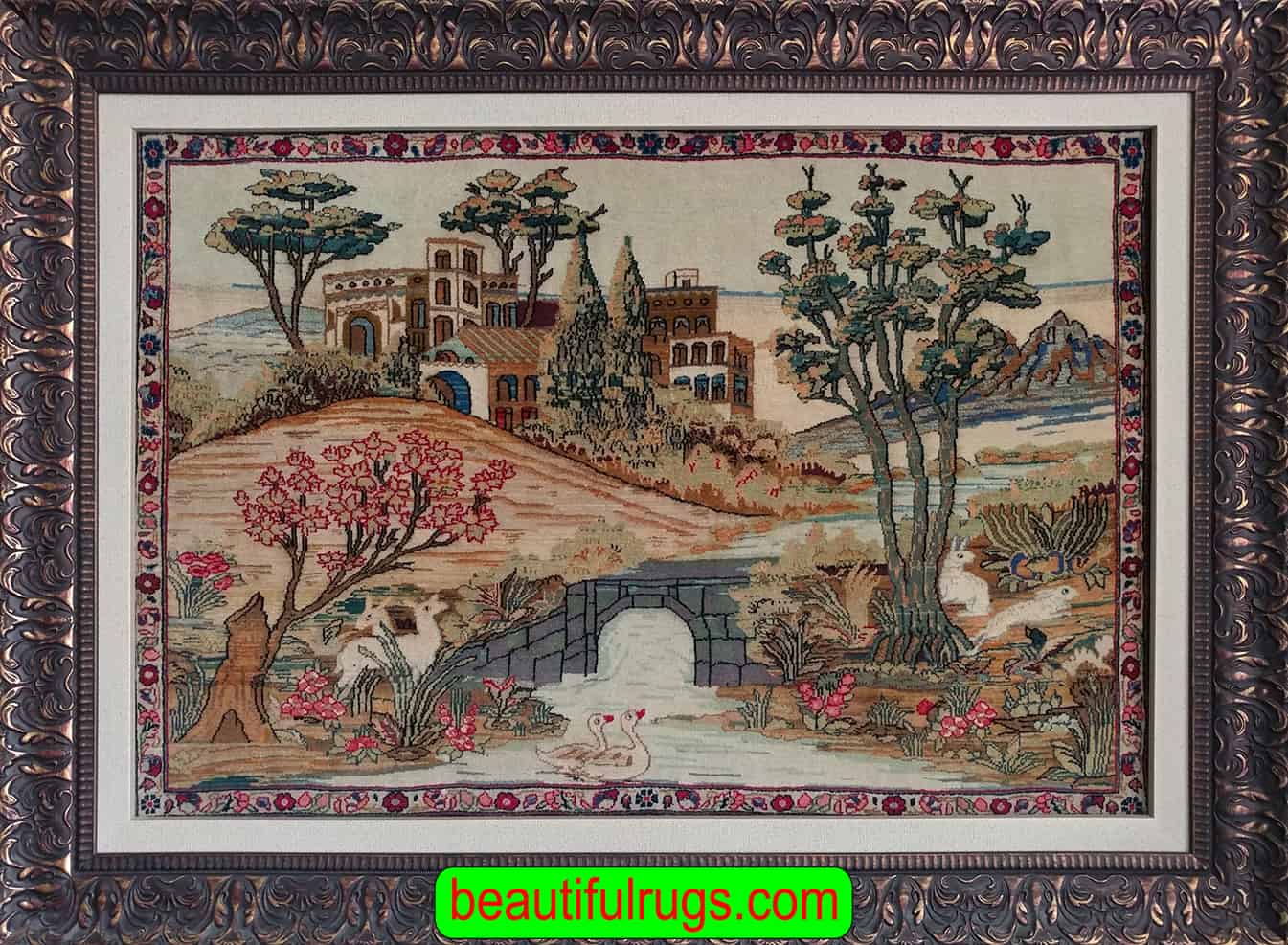 Wall-Hanging Rug, Antique Persian Kashan Scenery Rug in a picture frame. Size 3.4x2.3