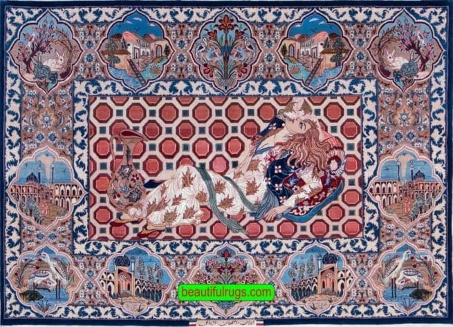 Horizontal Pictorial Rug, Fine Persian Isfahan Rug. Size 4.9x3.6