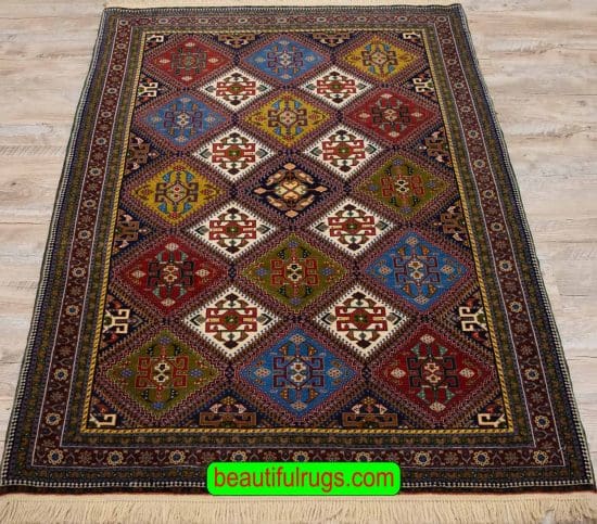 Finest Handmade Persian Qashqai Rug, Unique Geometric Design, size 3.5x5, close up image