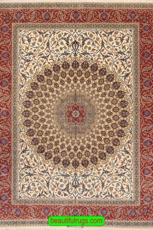 Handmade Persian Isfahan wool and silk rug, beige color background and rustic red border with round center medallion. Size 10.2x13.7.