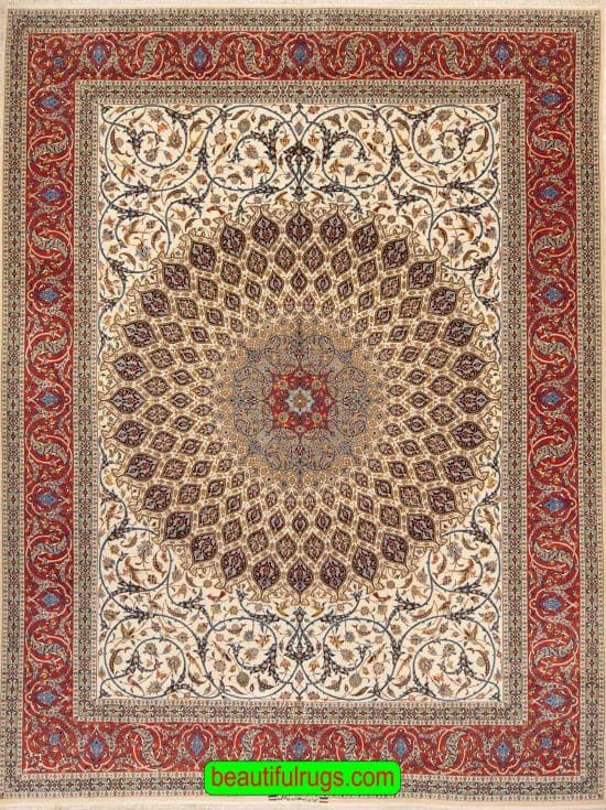 Handmade Persian Isfahan wool and silk rug, beige color background and rustic red border with round center medallion. Size 10.2x13.7.