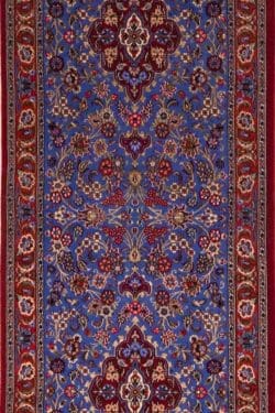 Floral pattern Persian Qum runner rug with blue and orange colors. Size 2.7x7