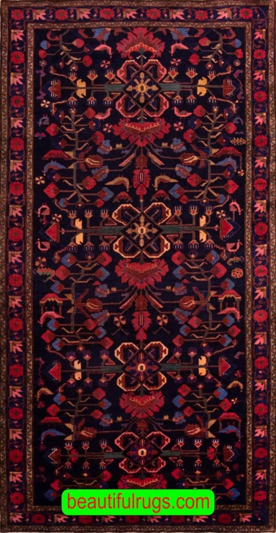 Wide runner Persian rug, floral tribal rug with navy blue and red colors. Size 5.3x10.3