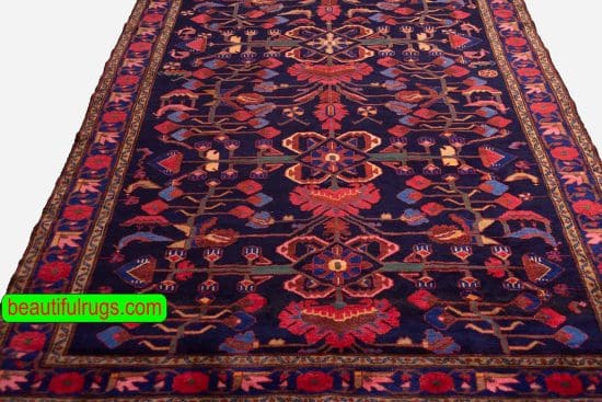 Wide runner Persian rug, floral tribal rug with navy blue and red colors. Size 5.3x10.3