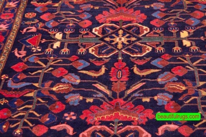 Wide runner Persian rug, floral tribal rug with navy blue and red colors. Size 5.3x10.3