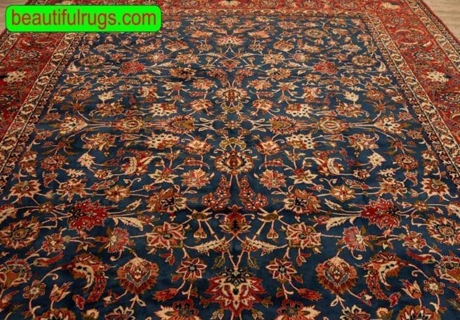 Old Persian Isfahan Rug, 10×14 Rug, Rust and Blue Allover Design Rug