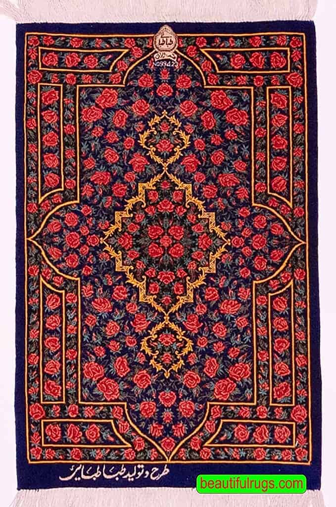 2526- Beautiful hand knotted Persian silk rug made of 100% pure silk in royal blue, red, gold, and rose colors. Size 1.8x2.7. 2526- Beautiful hand knotted Persian silk rug made of 100% pure silk in royal blue, red, gold, and rose colors. Size 1.8x2.7.