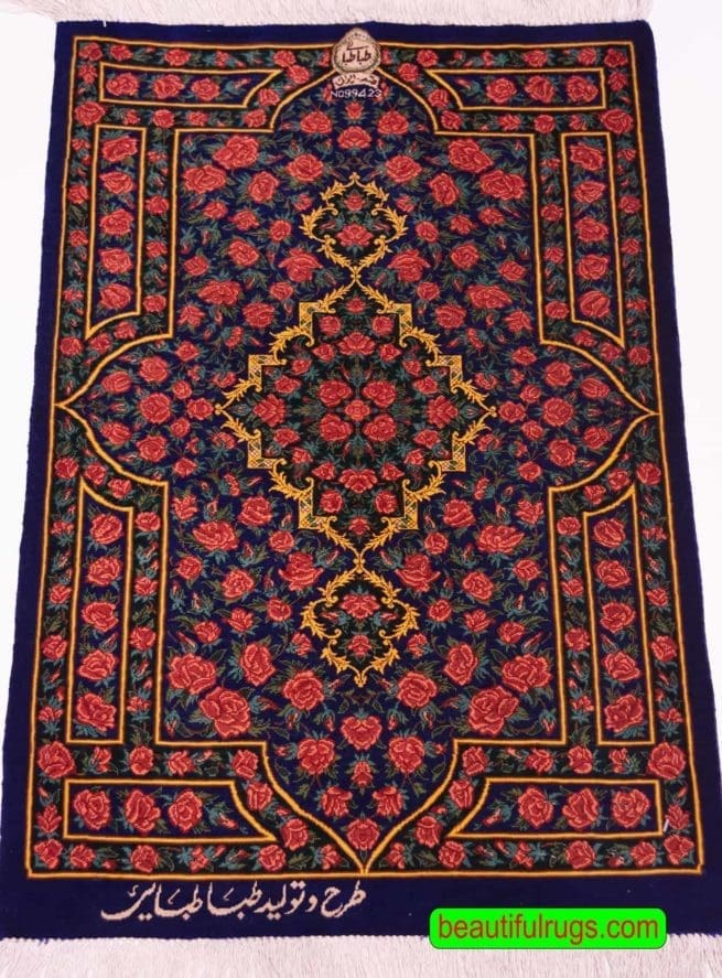 Navy blue and red small Persian Qum silk rug. Size 1.8x2.7