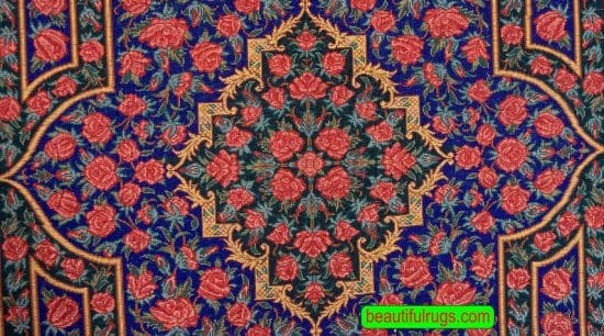 Navy blue and red small Persian Qum silk rug. Size 1.8x2.7