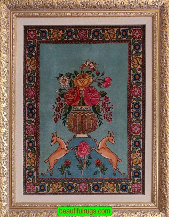 Handmade antique wall hanging Persian Tabriz rug, two Deers are holding a vase of flower. Size 1.10x2.6