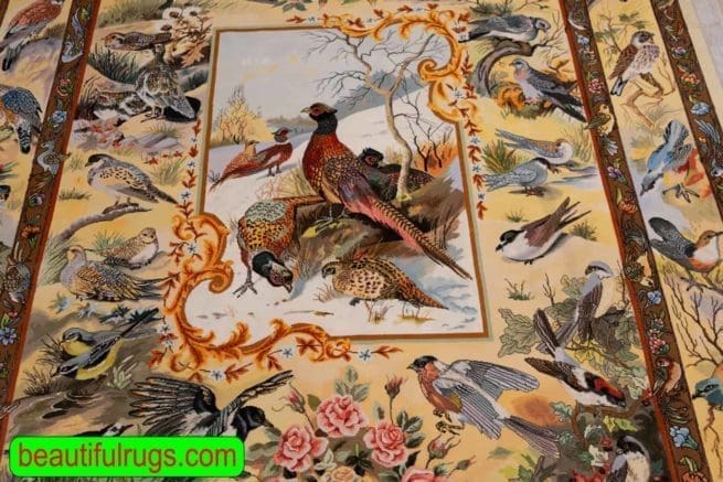 Hand Knotted Persian Tabriz rug, Bevy of Birds Rug, Scenery Rug, Artwork of Iran Rugs, Festival of Birds, size 5x7, close up image