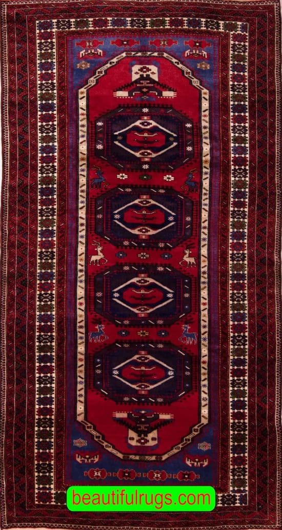 Wide Persian Baluchi runner rug with red and blue colors. Size 4.5x9.8