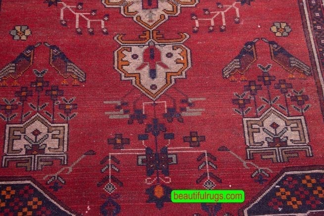 Geometric Baluchi rug, wide runner rug in red color. Size 4.3x10.5